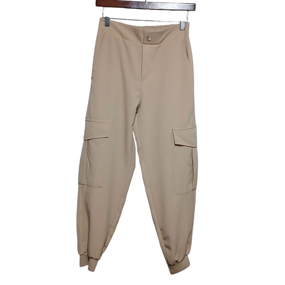 ZARA Women Tan Cargo Jogger Pants Elastic Waist Pockets‎ Ankle Cuffs XS